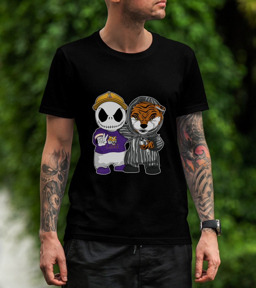 LSU Tigers Jack Skellington And Tiger Mascot Crossover T-Shirt