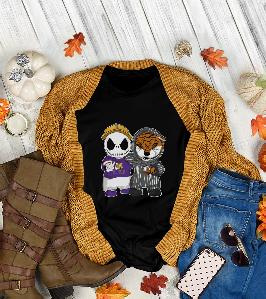 LSU Tigers Jack Skellington and Tiger Mascot Crossover T-Shirt