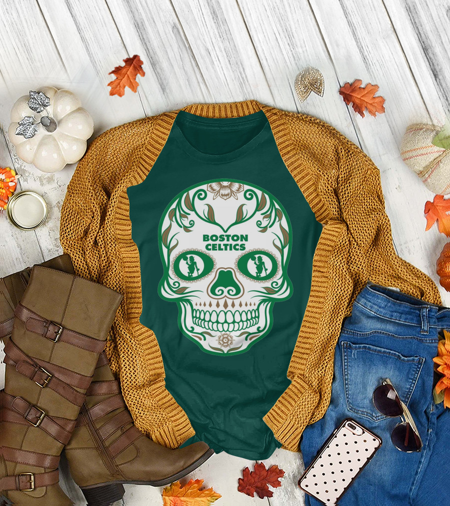 Boston Celtics Skull with Celtic Symbols and Basketball Mascot T-Shirt