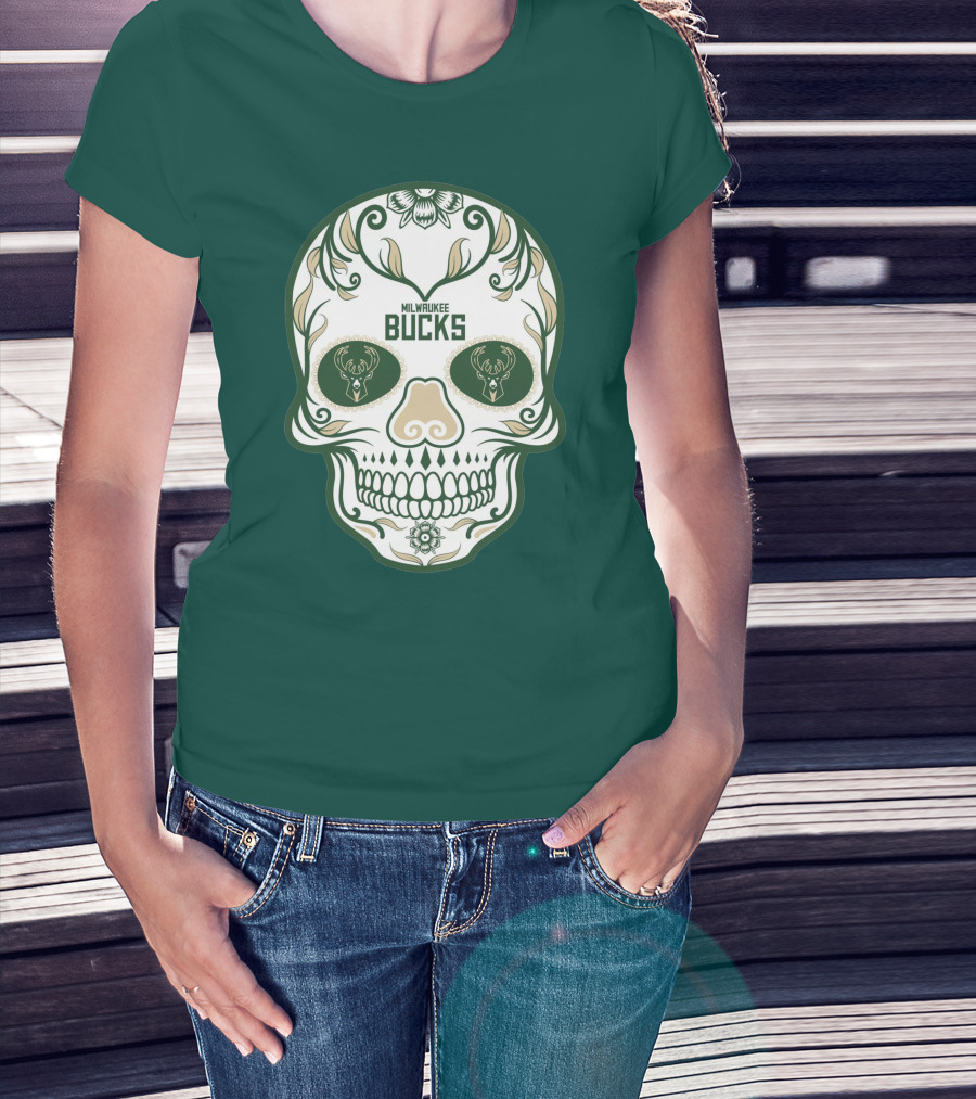 Milwaukee Bucks Skull Deer Logo Floral T-Shirt