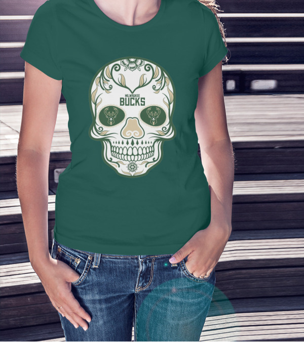Milwaukee Bucks Skull Deer Logo Floral T-Shirt