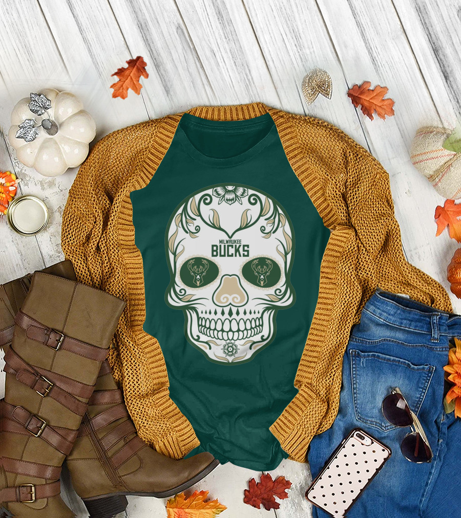 Milwaukee Bucks Skull Deer Logo Floral T-Shirt