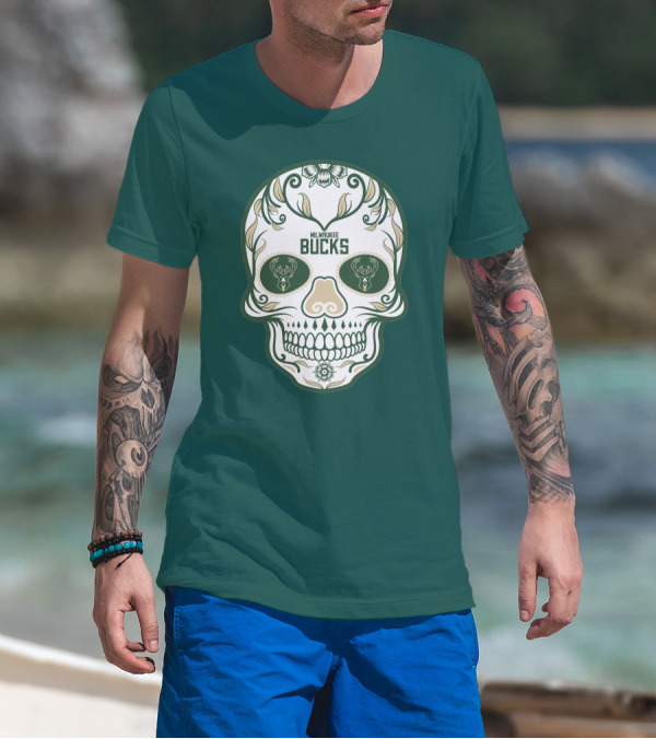 Milwaukee Bucks Skull Deer Logo Floral T-Shirt