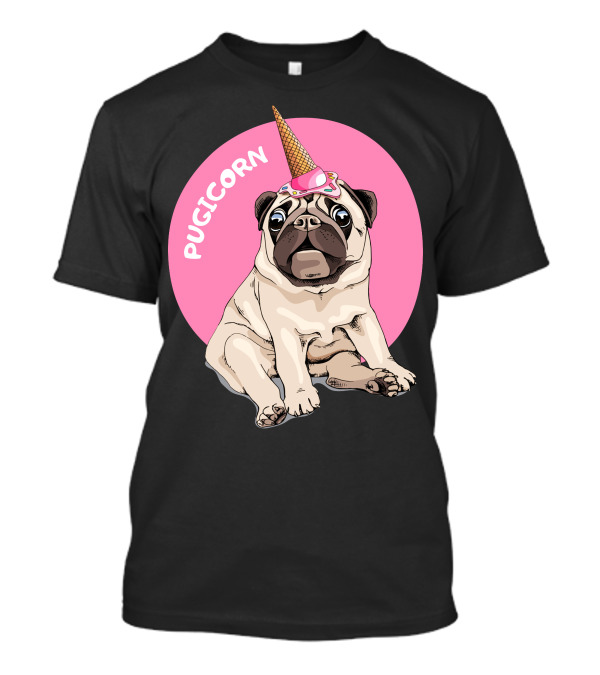 Pugicorn Ice Cream Cone Hat Sitting Pug Pink Circle T-Shirt