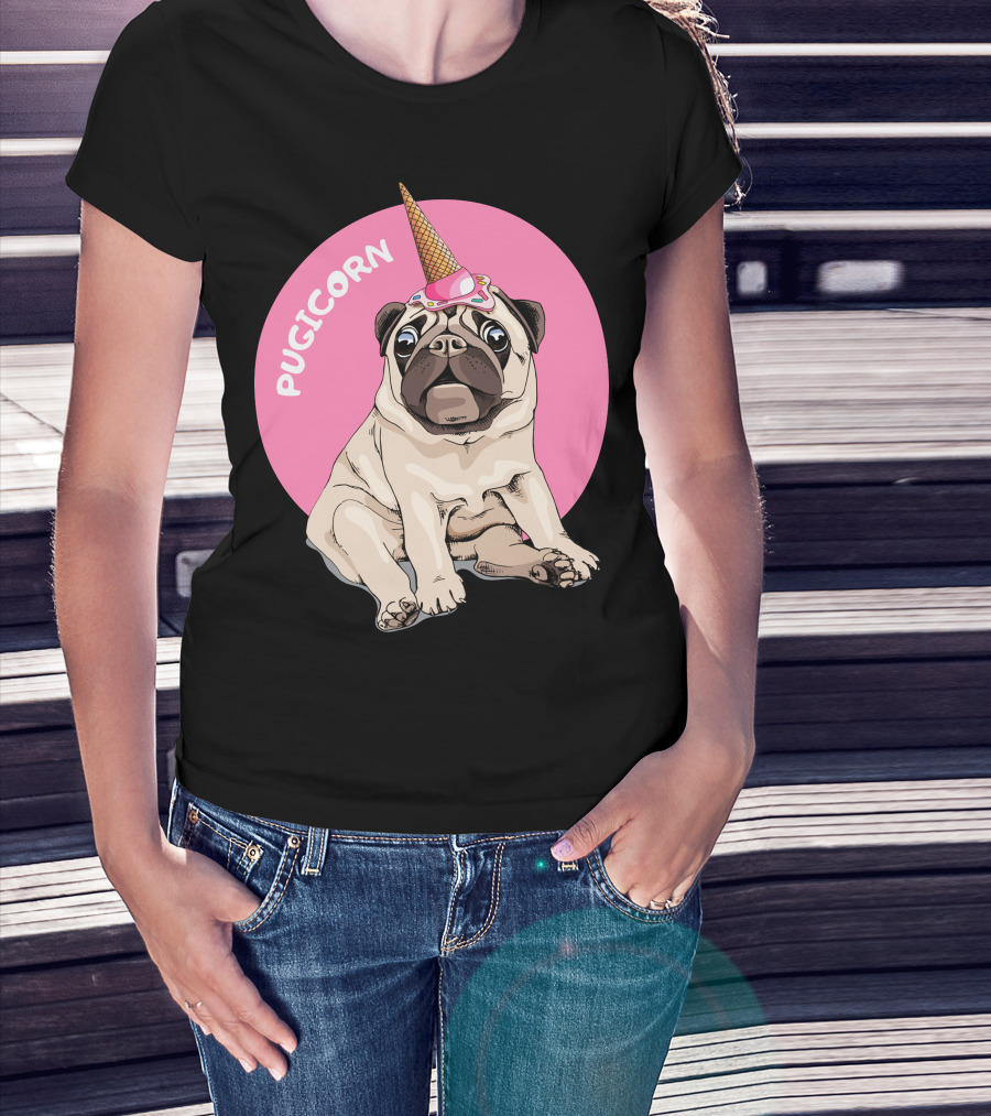 Pugicorn Ice Cream Cone Hat Sitting Pug Pink Circle T-Shirt