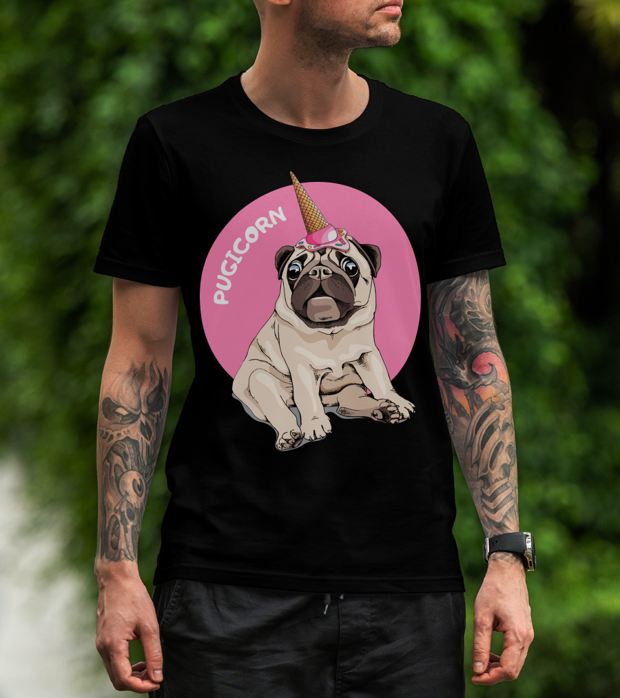 Pugicorn Ice Cream Cone Hat Sitting Pug Pink Circle T-Shirt