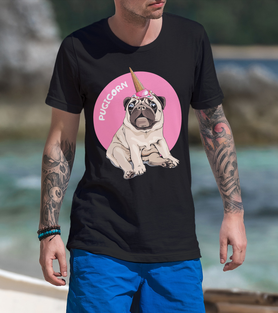 Pugicorn Ice Cream Cone Hat Sitting Pug Pink Circle T-Shirt