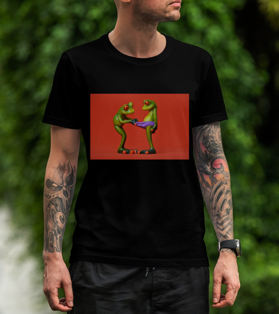 Quite Frog Green Figurines On Red Background With Purple Shorts T-Shirt
