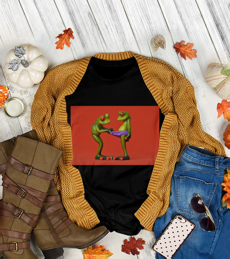 Quite Frog Green Figurines on Red Background with Purple Shorts T-Shirt