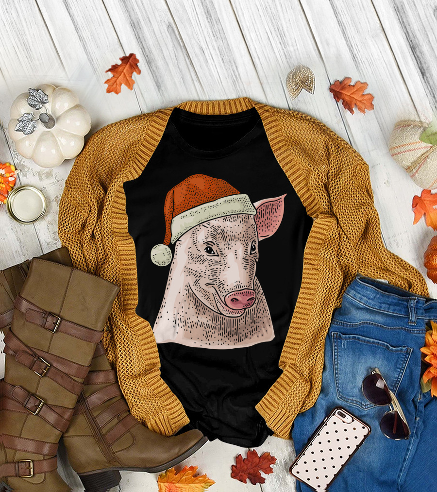 Pig in Santa Claus Cap Christmas T-Shirt