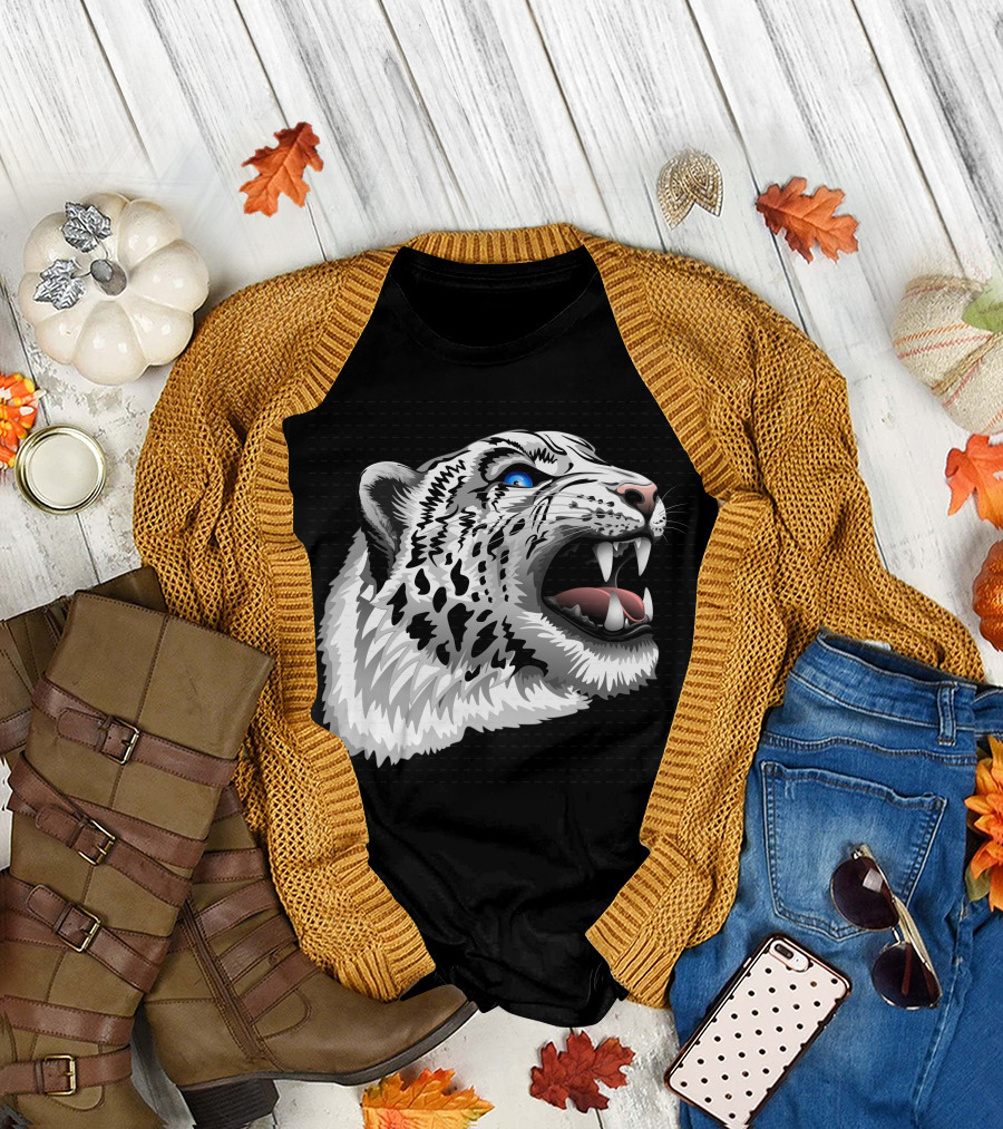 Snow Leopard Fierce Roaring Head T-Shirt
