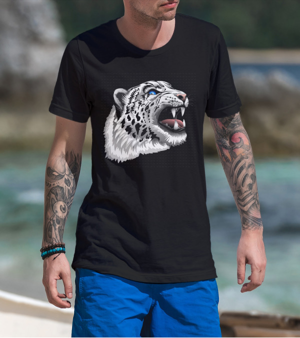 Snow Leopard Fierce Roaring Head T-Shirt