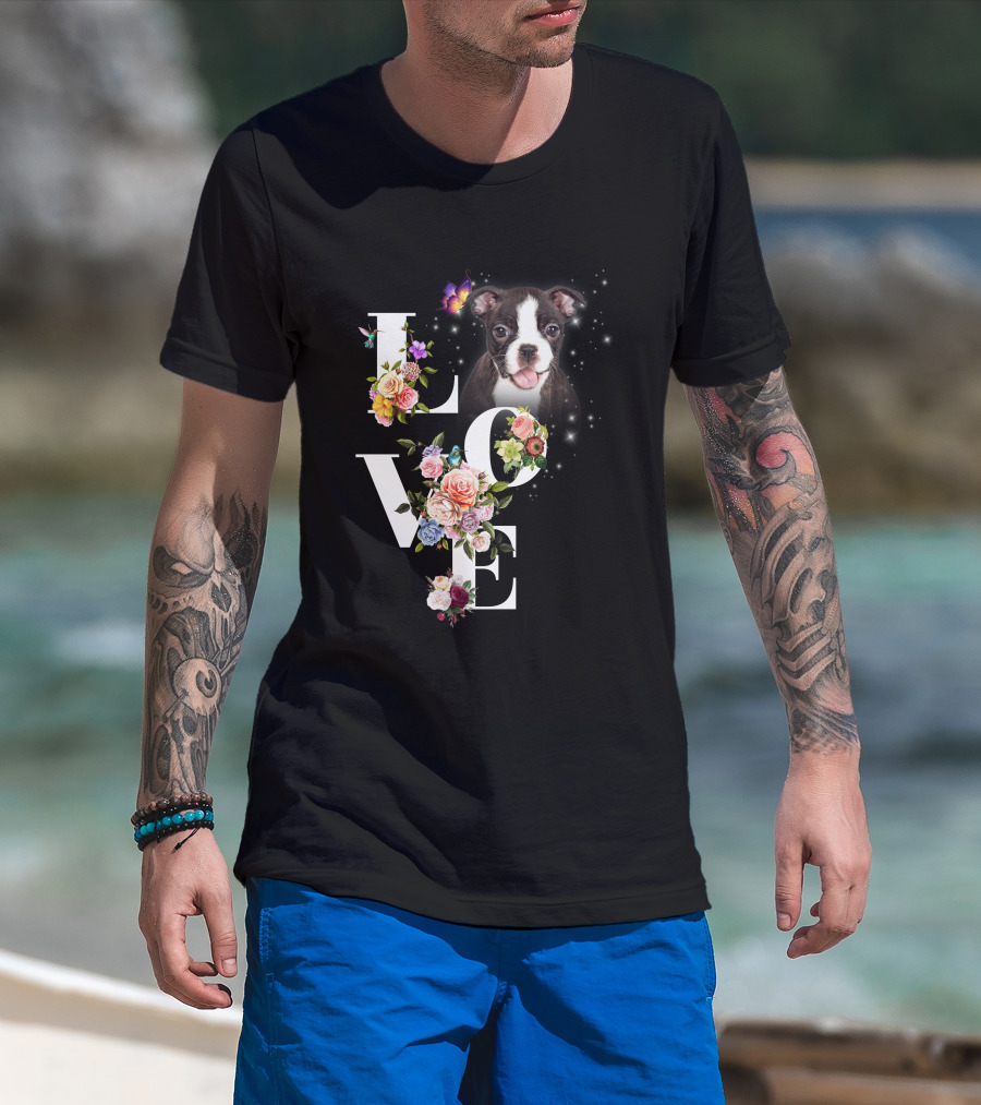 LOVE Boston Terrier Floral Butterfly T-Shirt