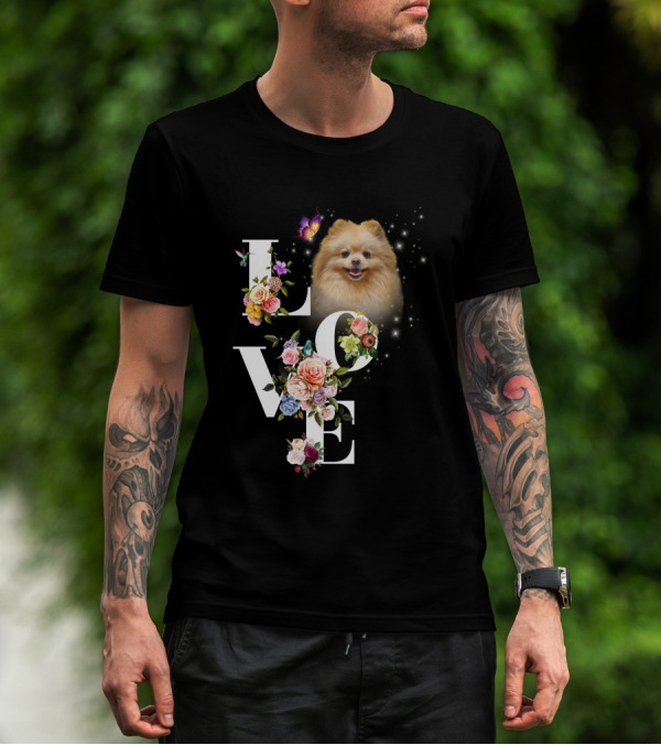 LOVE Pomeranian With Flowers And Butterfly T-Shirt