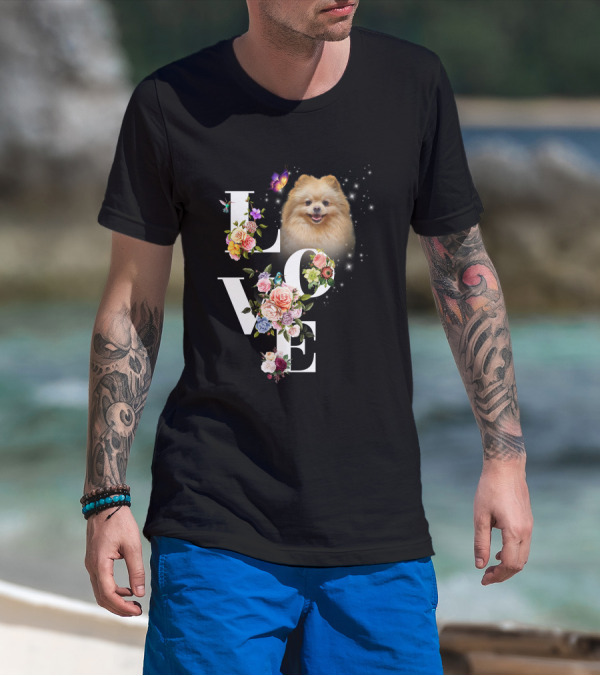LOVE Pomeranian With Flowers And Butterfly T-Shirt