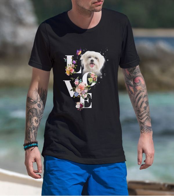 LOVE Maltese Dog Floral Butterfly T-Shirt