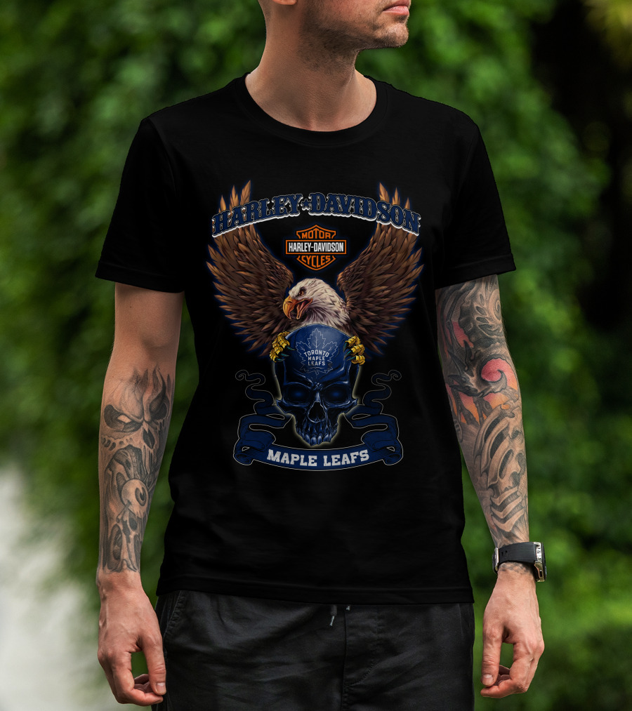 Harley Davidson Motor Cycles Toronto Maple Leafs Eagle Skull T-Shirt