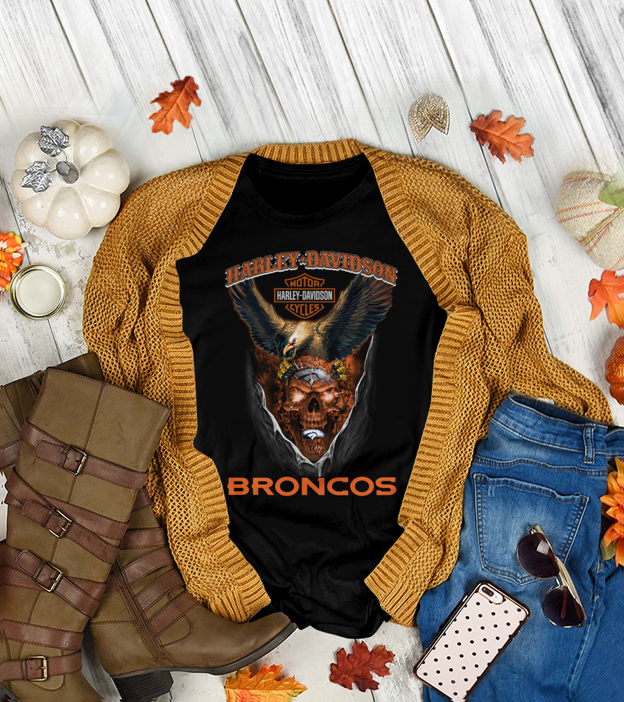 Harley Davidson Motor Cycles Eagle Skull Broncos T-Shirt