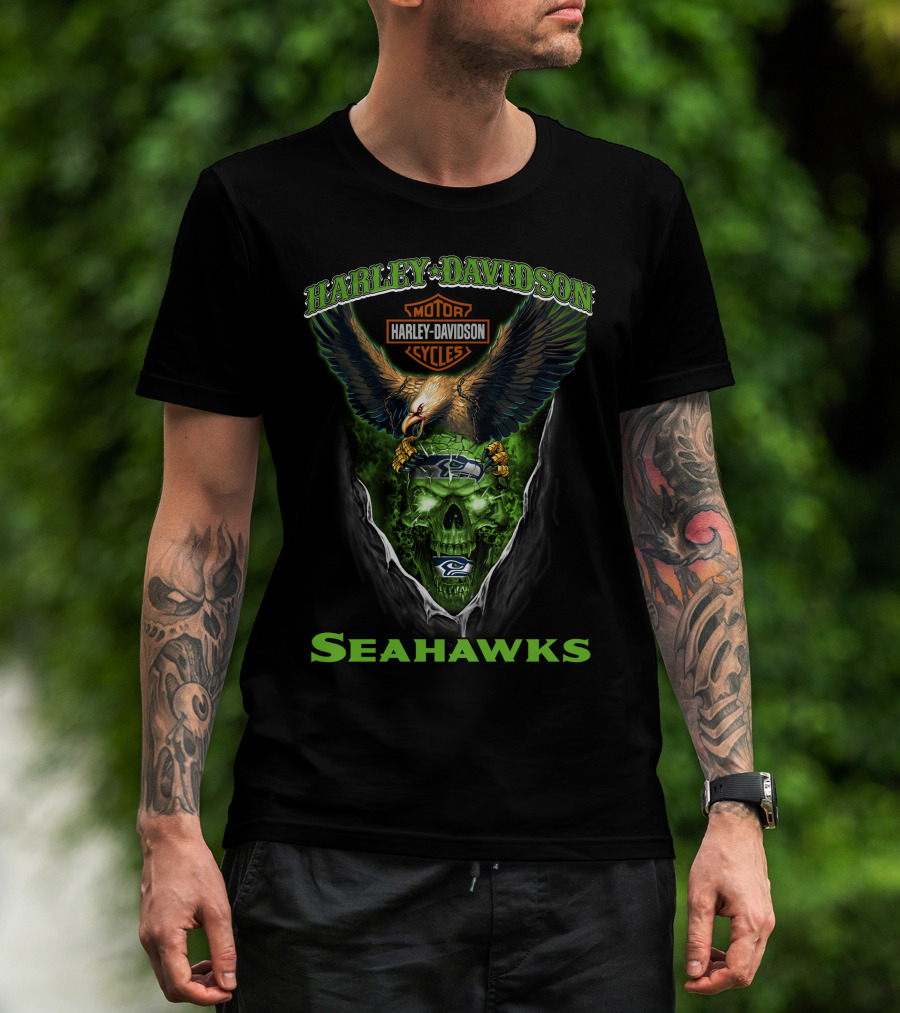 Harley Davidson Motor Cycles Seattle Seahawks Eagle Skull T-Shirt