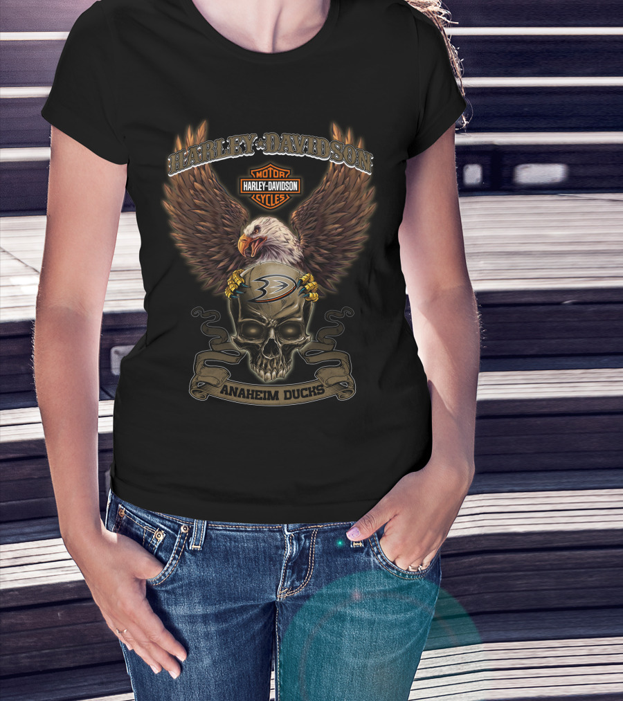 Harley Davidson Motor Cycles Anaheim Ducks Eagle Skull T-Shirt