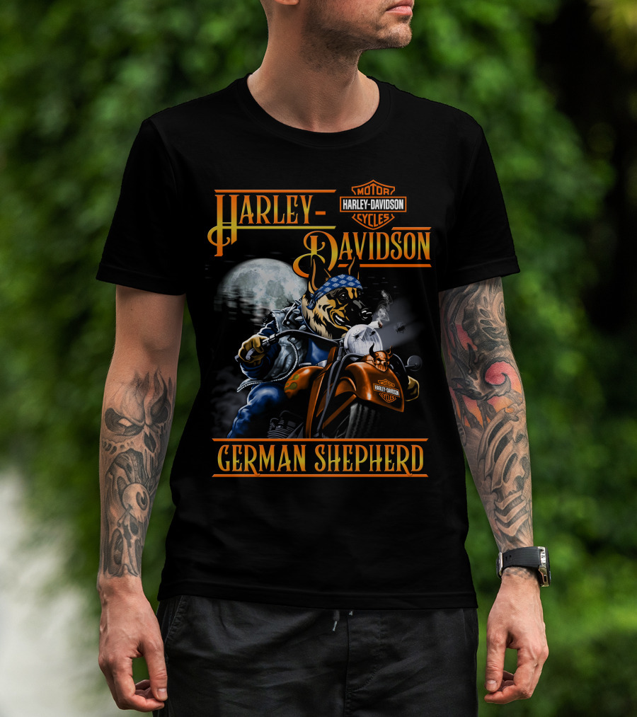 Harley Davidson Motor Cycles German Shepherd Riding Motorcycle Full Moon T-Shirt