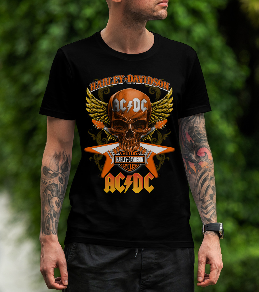 Harley Davidson Ac/Dc Motor Cycles Skull Wings T-Shirt