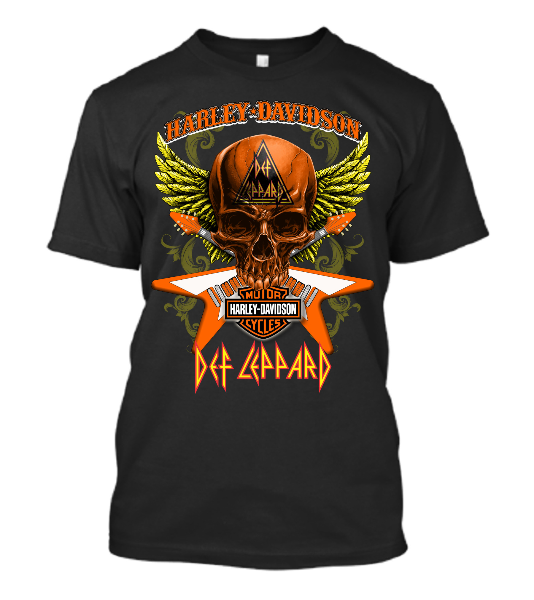 Harley Davidson Motorcycles Def Leppard Skull Wings Guitar T-Shirt