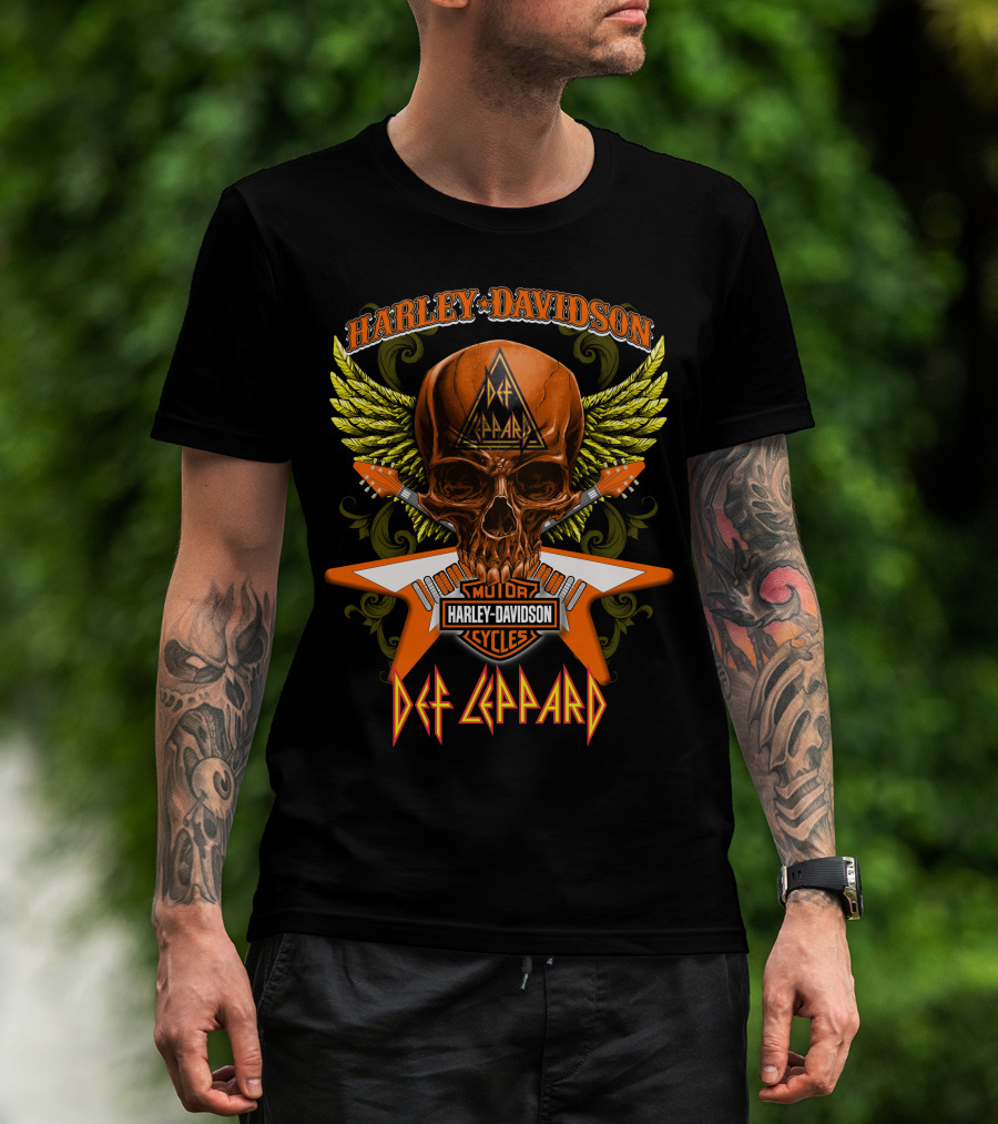 Harley Davidson Motorcycles Def Leppard Skull Wings Guitar T-Shirt