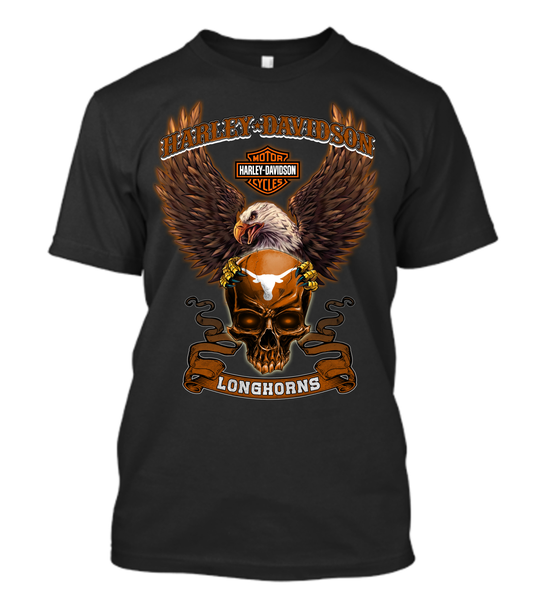 Harley Davidson Longhorns Texas Ncaa Bald Eagle Skull T-Shirt