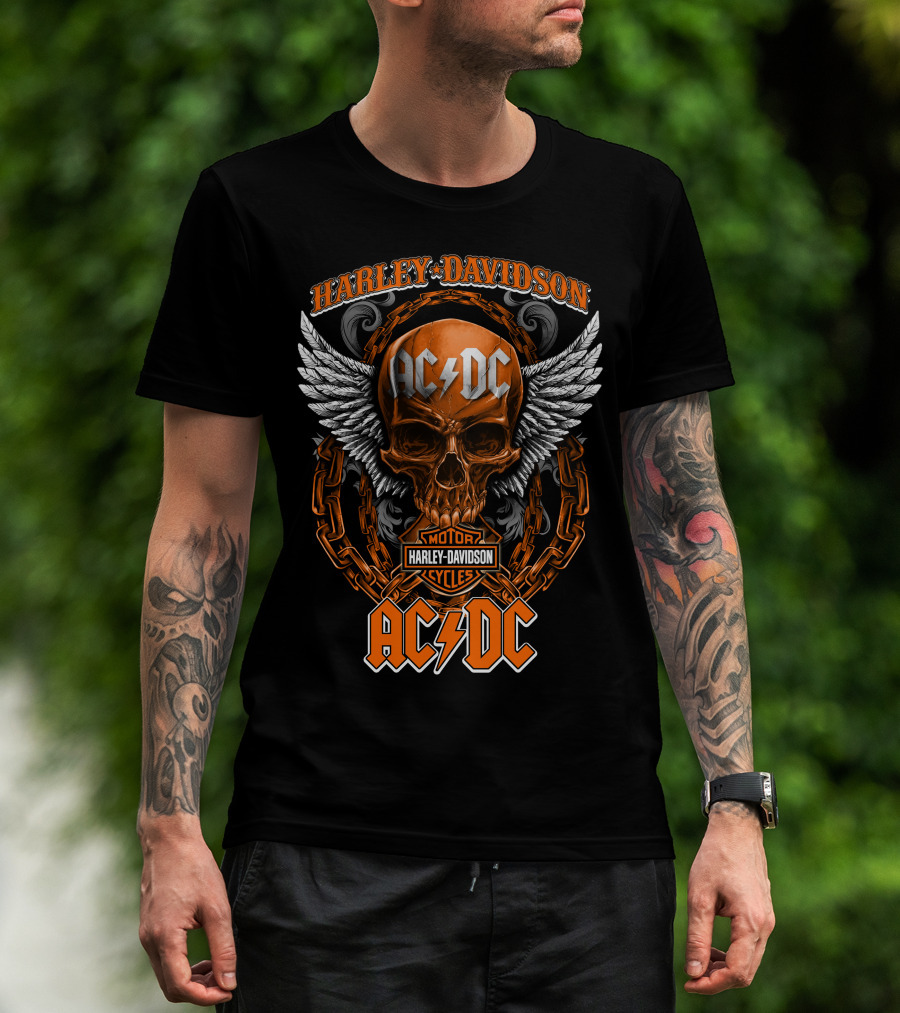 Harley Davidson Acdc Skull With Chains And Wings T-Shirt