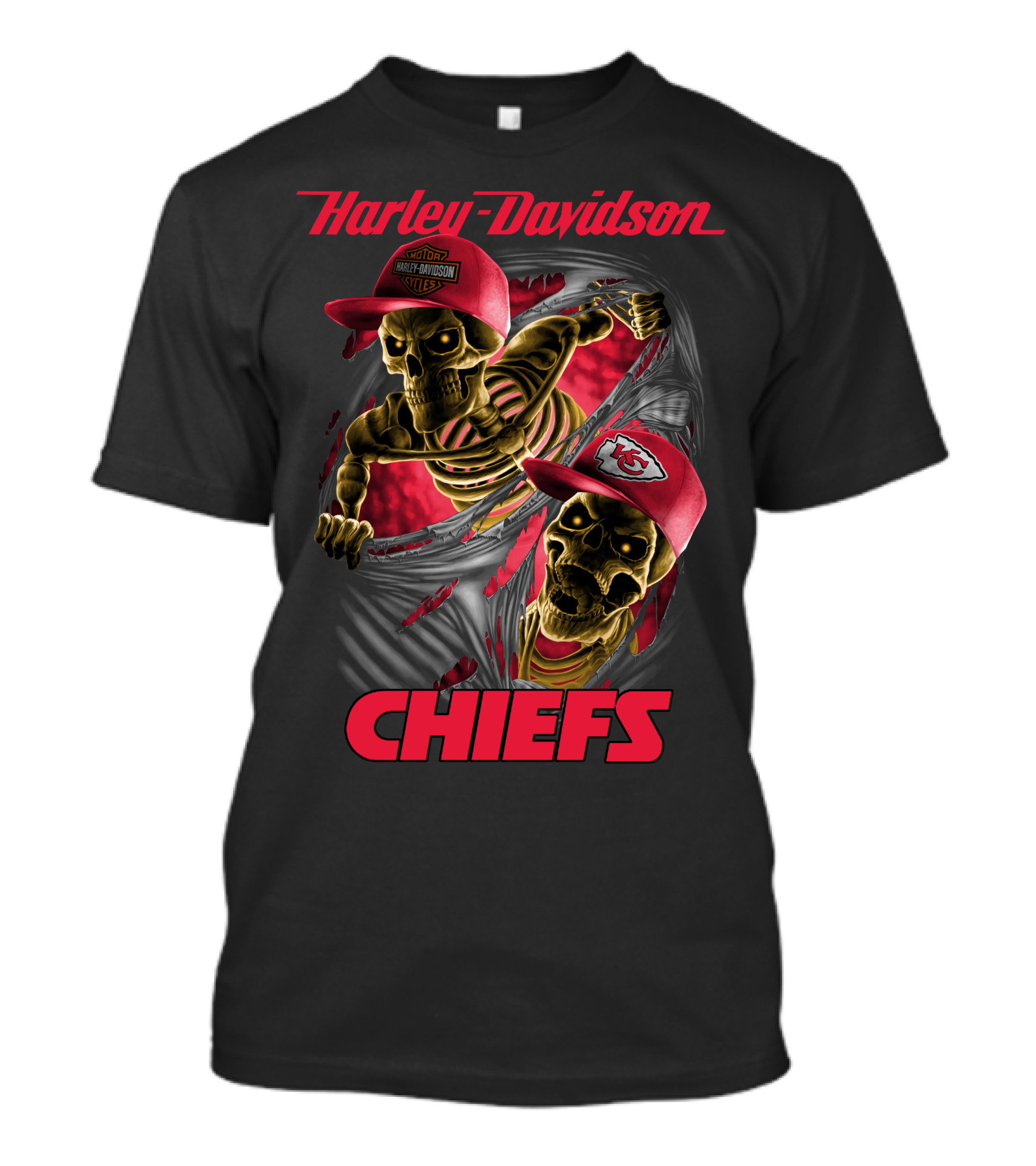 Harley Davidson Chiefs Kansas City Skeletons In Red Caps T-Shirt