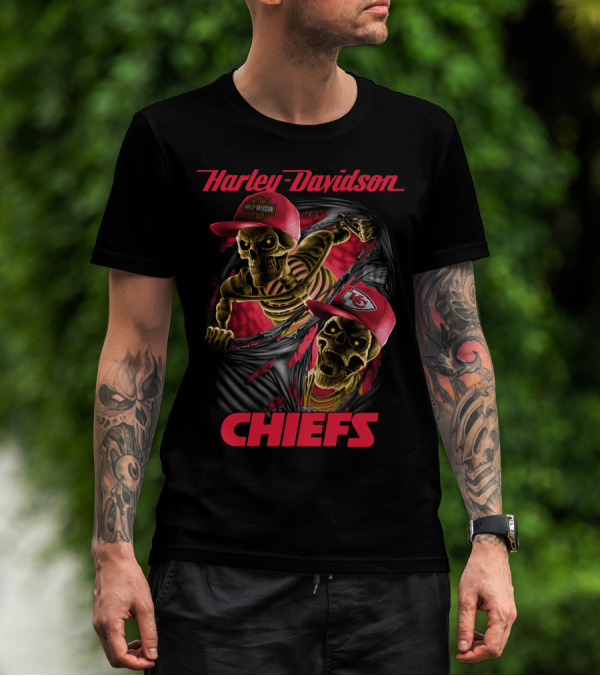 Harley Davidson Chiefs Kansas City Skeletons In Red Caps T-Shirt
