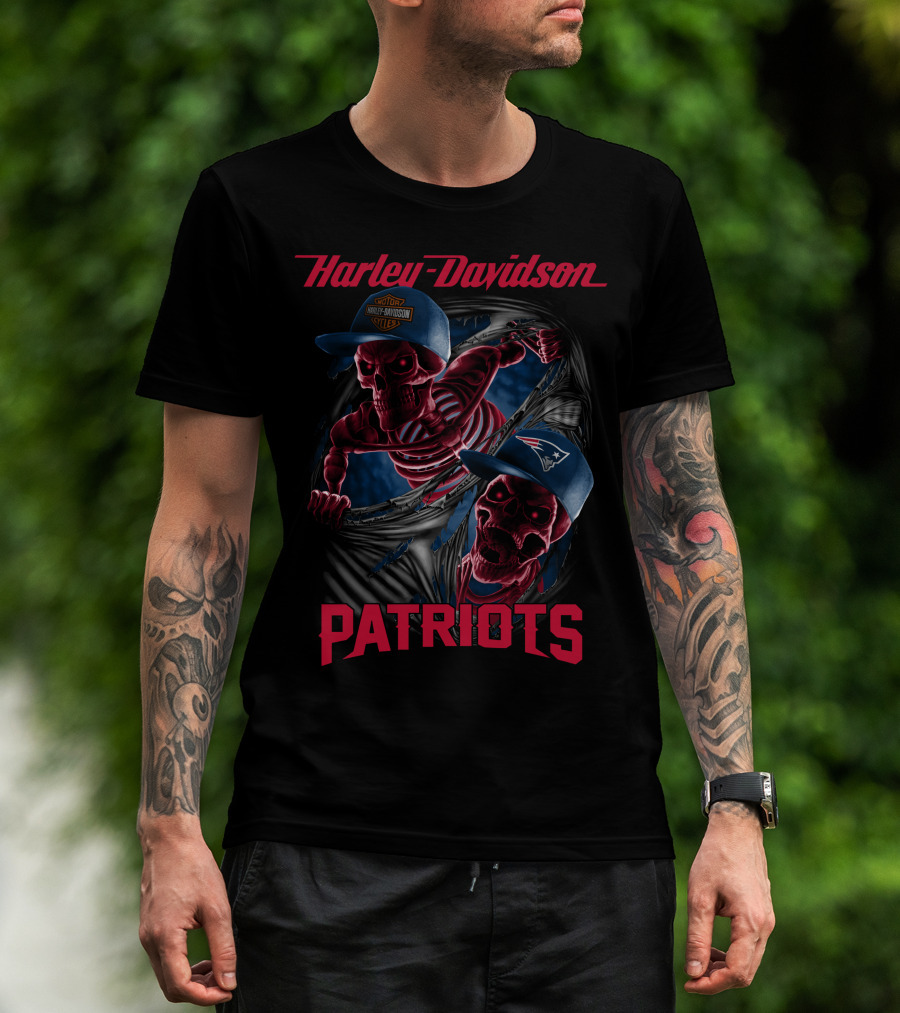 Harley Davidson New England Patriots Skeletons In Baseball Caps T-Shirt