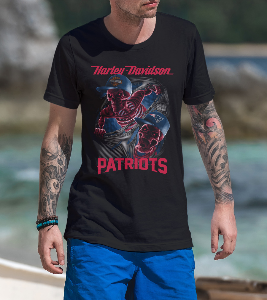 Harley Davidson New England Patriots Skeletons In Baseball Caps T-Shirt