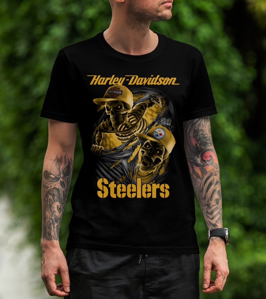 Harley Davidson Steelers Skeletons With Pittsburgh Steelers And Harley T-Shirt