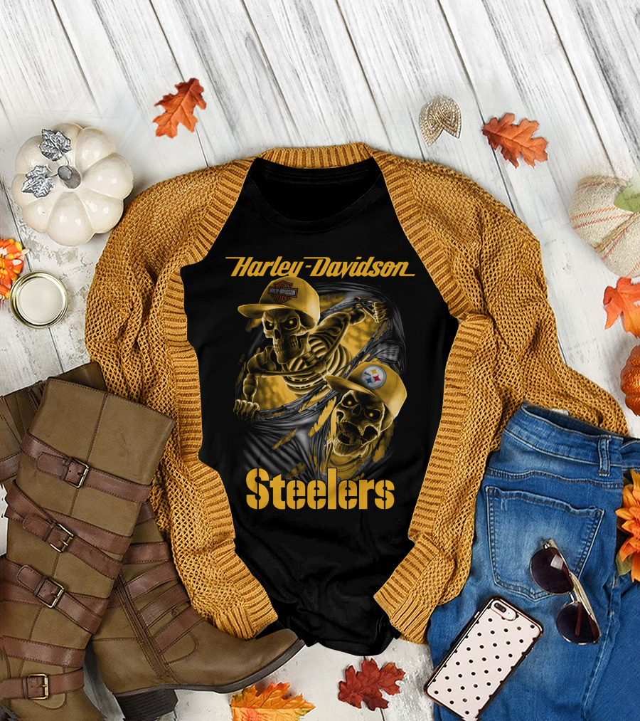 Harley Davidson Steelers Skeletons With Pittsburgh Steelers And Harley T-Shirt