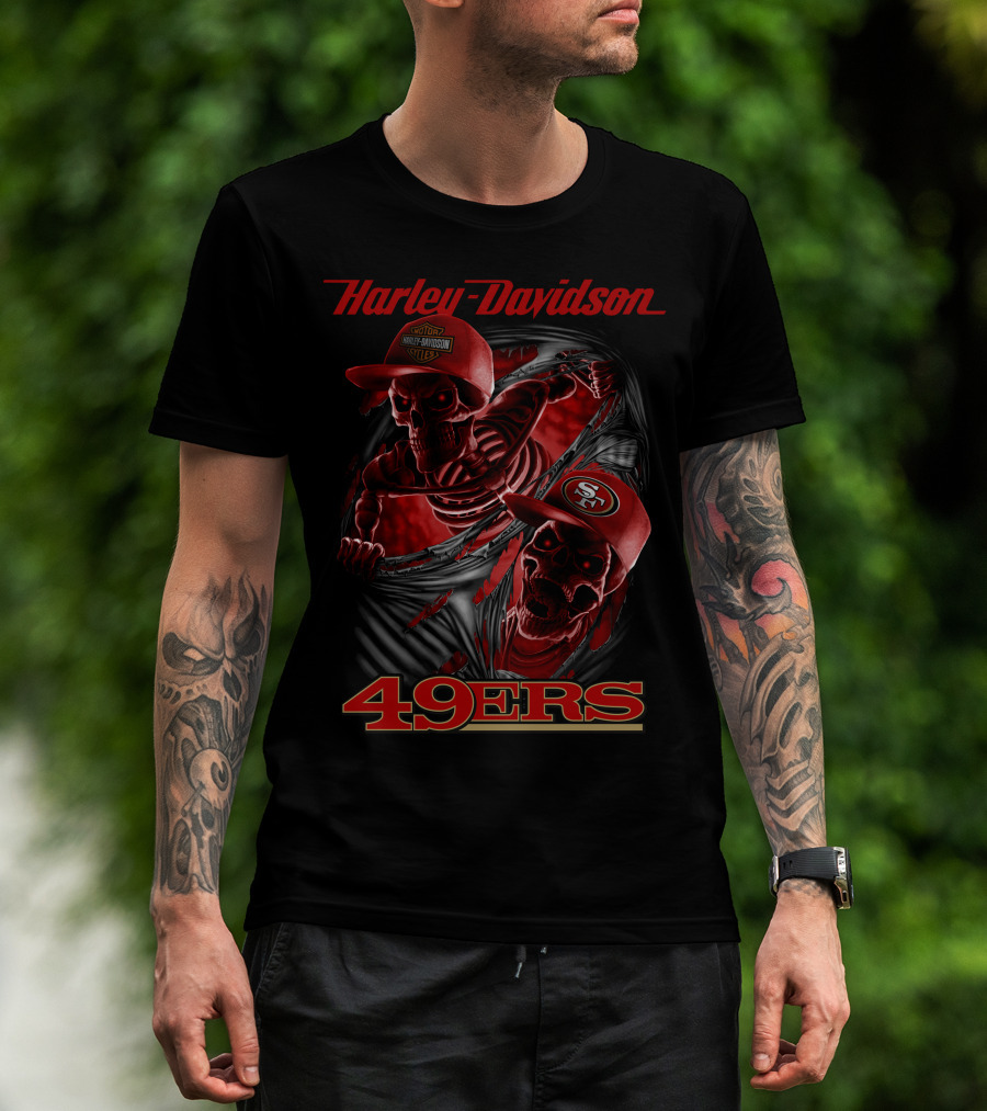 Harley Davidson 49ers Skeletons With San Francisco 49ers Caps T-Shirt