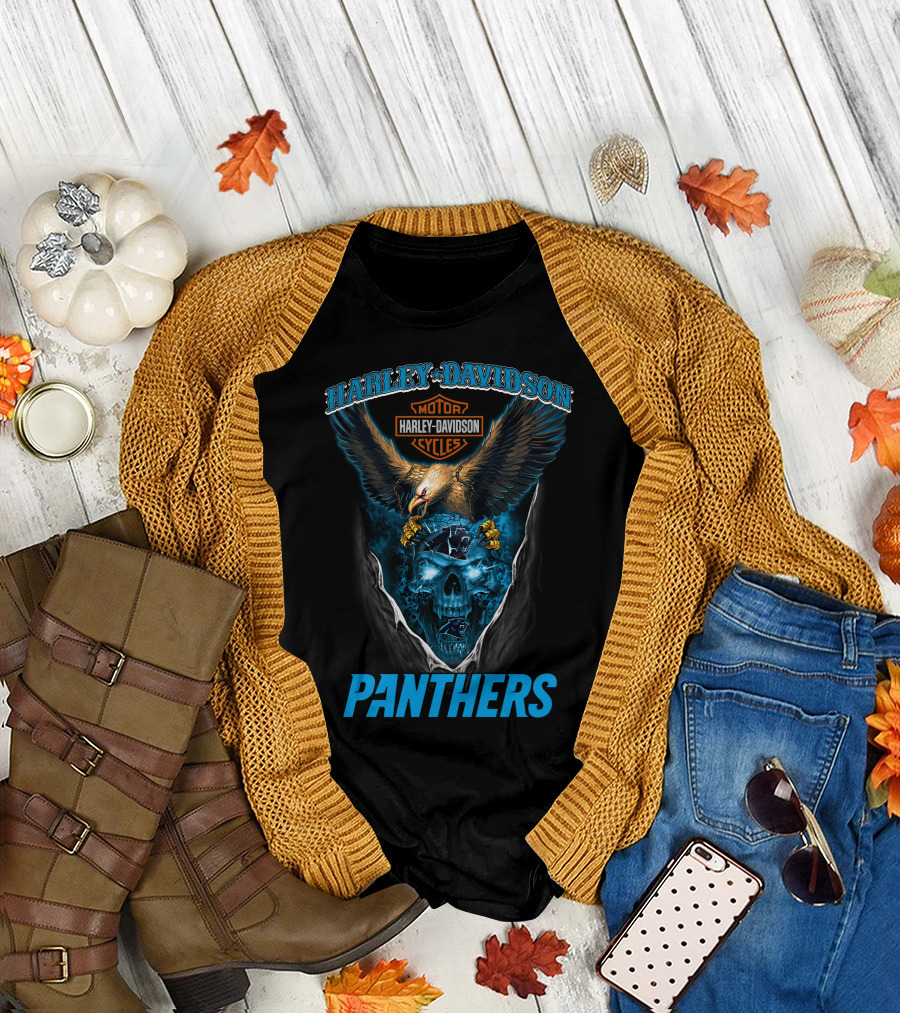 Harley Davidson Motor Cycles Eagle Skull Panthers T-Shirt