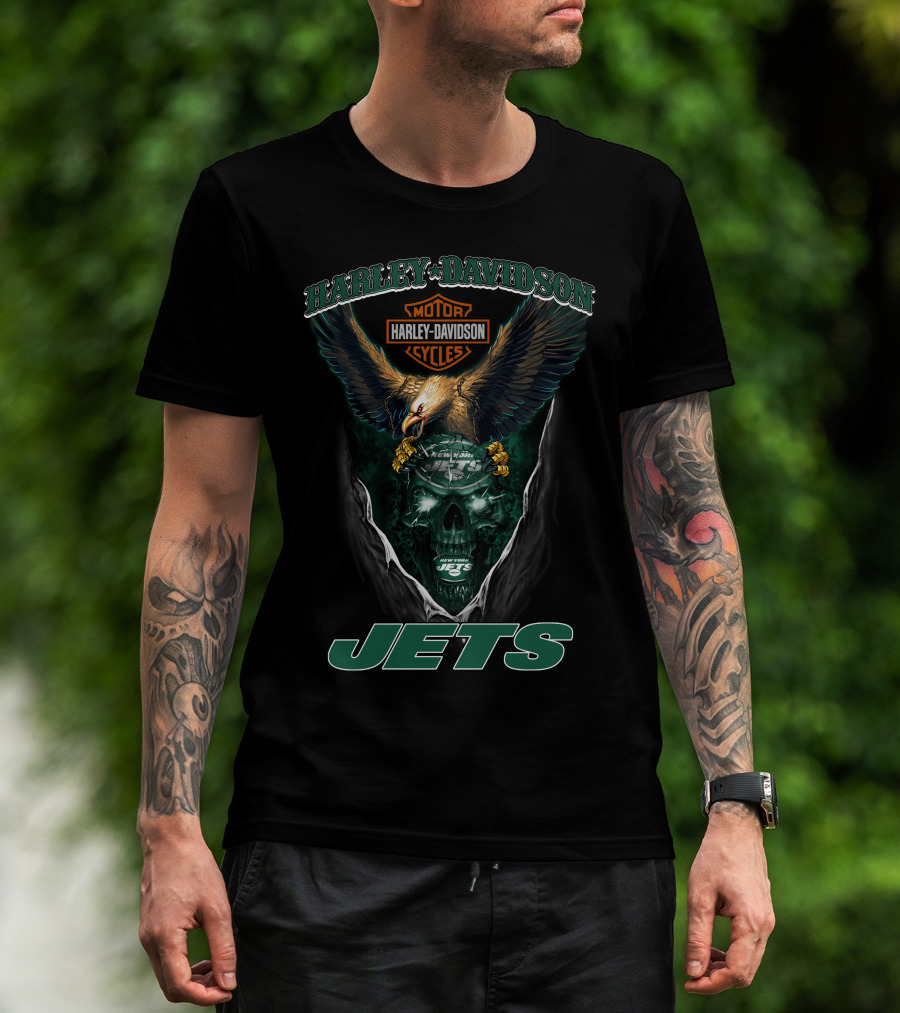 Harley Davidson Motor Cycles Eagle Skull New York Jets T-Shirt