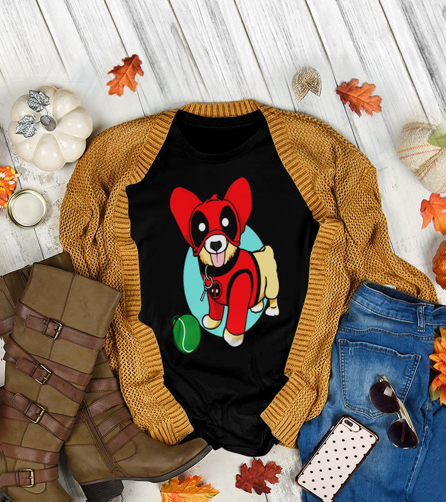 Corgi in Deadpool Costume with Tennis Ball T-Shirt