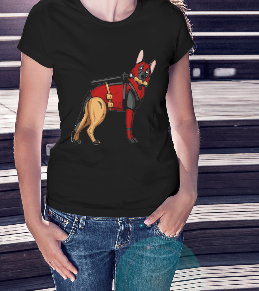 German Shepherd In Deadpool Costume With Sword And Bone T-Shirt