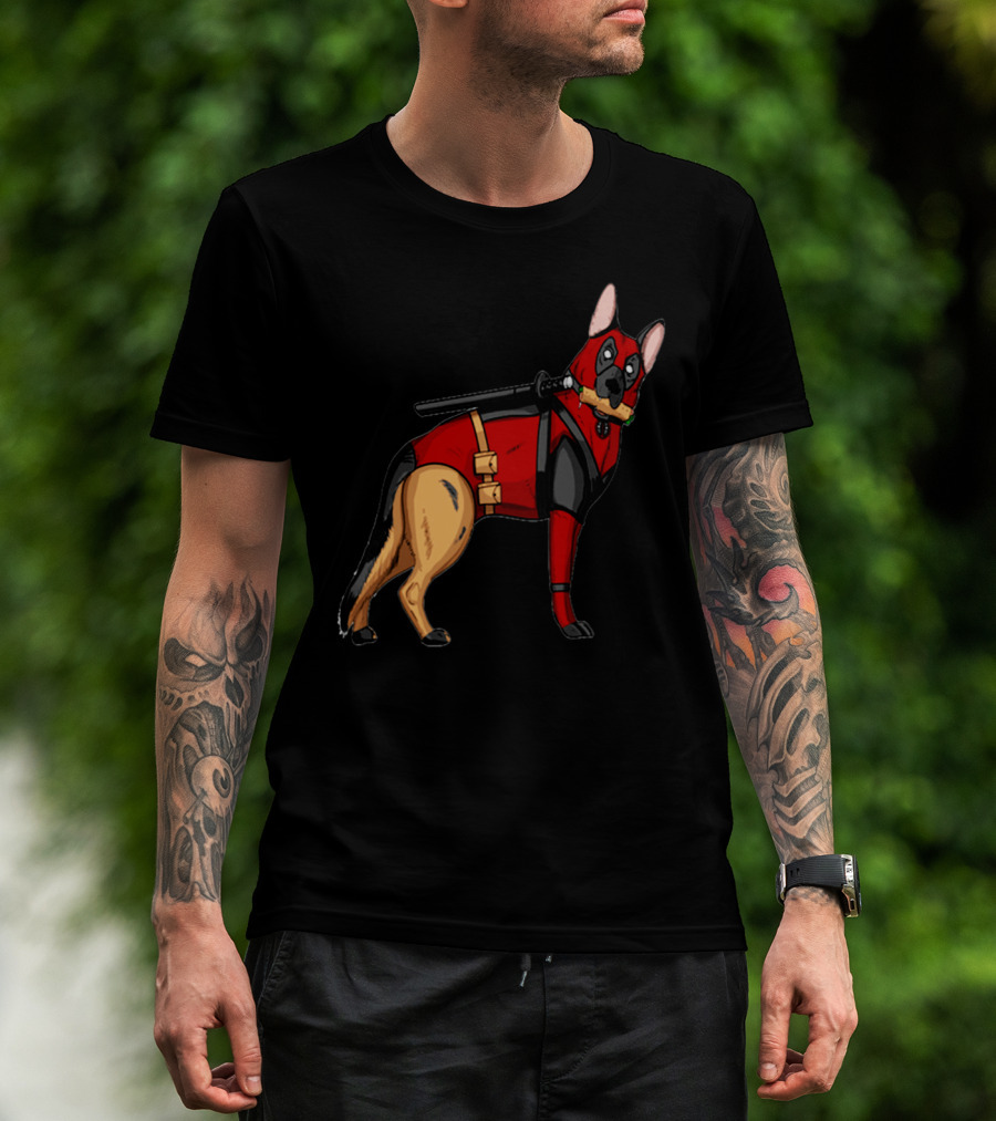 German Shepherd In Deadpool Costume With Sword And Bone T-Shirt