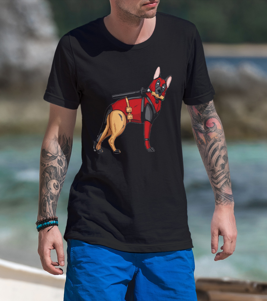 German Shepherd In Deadpool Costume With Sword And Bone T-Shirt
