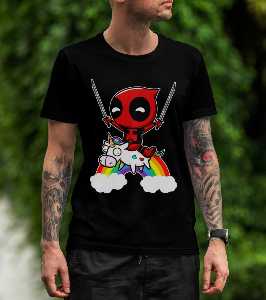 Deadpool Riding Unicorn Over Rainbow With Dual Swords T-Shirt