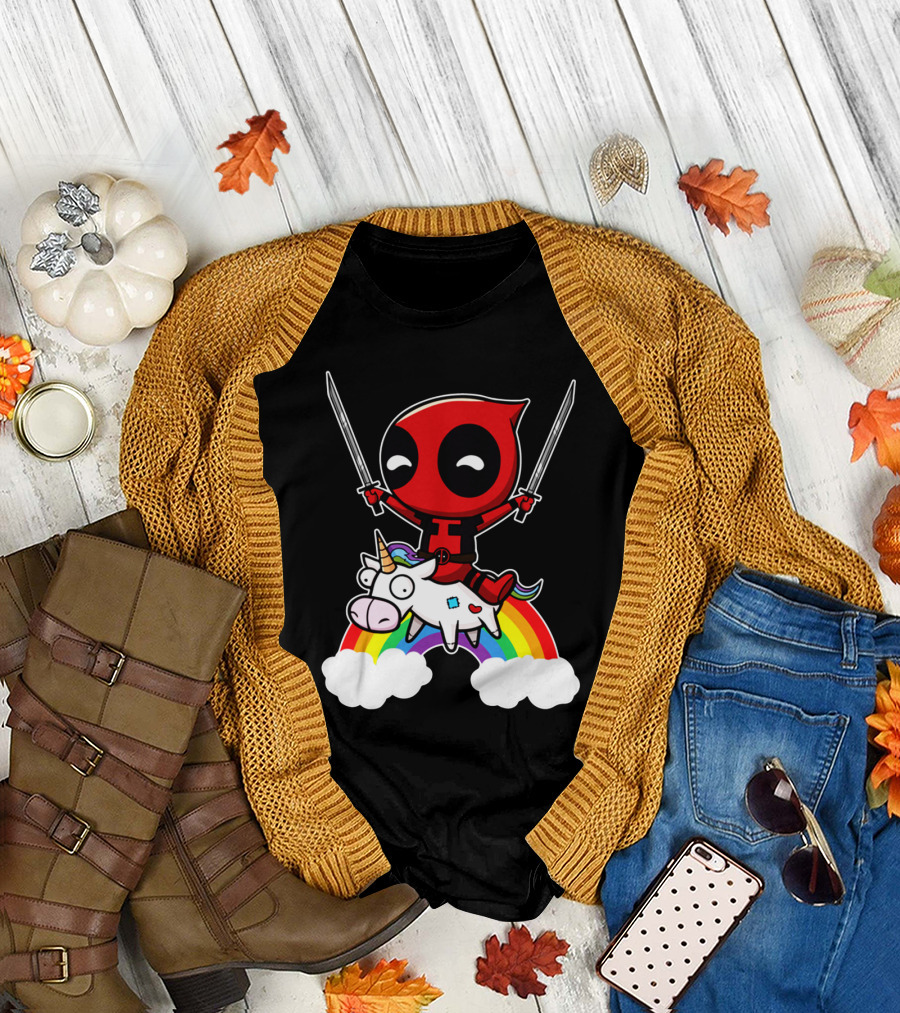 Deadpool Riding Unicorn Over Rainbow with Dual Swords T-Shirt