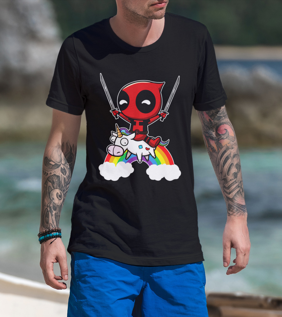Deadpool Riding Unicorn Over Rainbow With Dual Swords T-Shirt