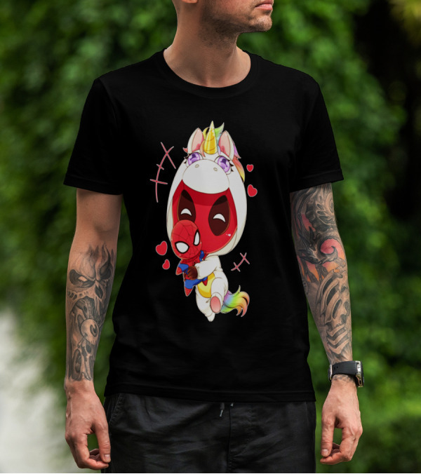 DEADPOOL IN UNICORN COSTUME HUGGING SPIDERMAN PLUSH WITH HEARTS AND SMILING FACE T-Shirt