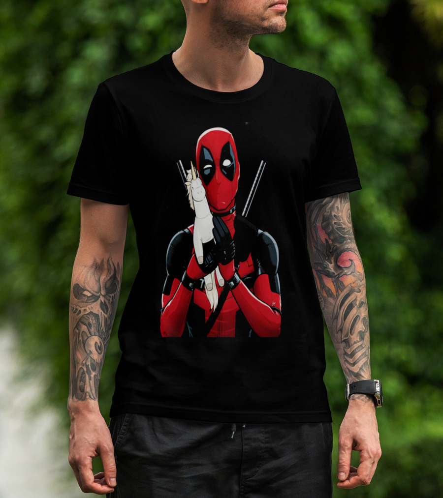 Deadpool Hugging Unicorn Toy With Iconic Red And Black Suit T-Shirt