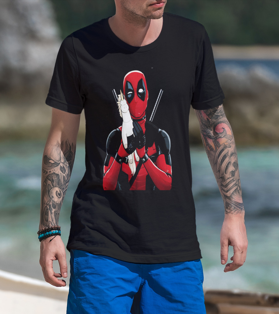 Deadpool Hugging Unicorn Toy With Iconic Red And Black Suit T-Shirt