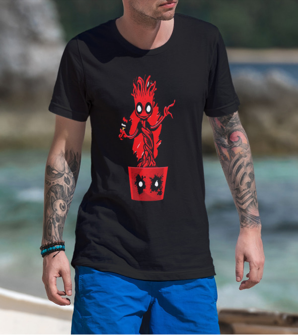 Deadpool Groot Mashup With Baby Tree Holding Paintbrush In Red Pot With Comic Mask Eyes T-Shirt